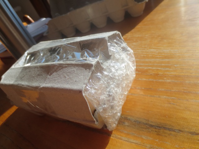 The bubble wrap is taped under the lid of the egg carton and wrapped over the split end and under.